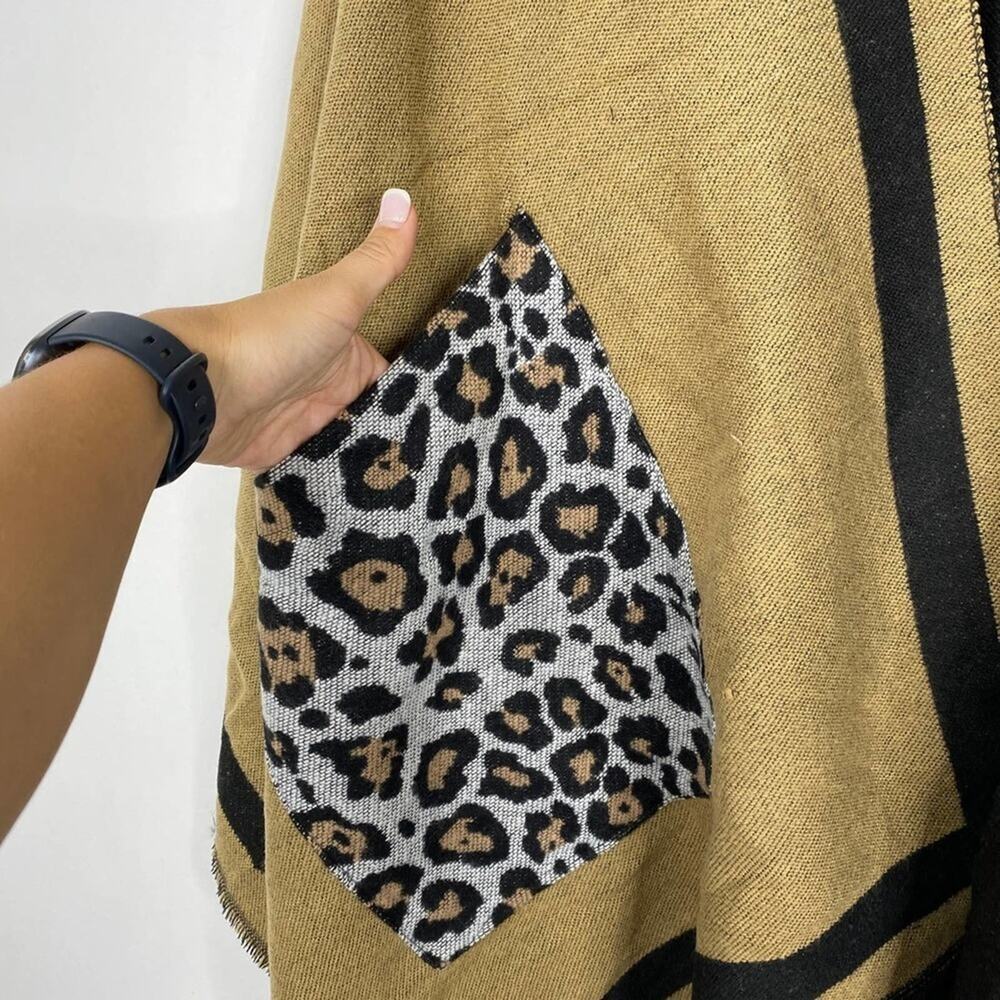 Mustard Leopard Pocket Wrap Shawl with Black Trim - Picture 7 of 8